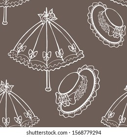 Illustration of vintage umbrella, hat. Seamless background fashionable modern wallpaper or textile