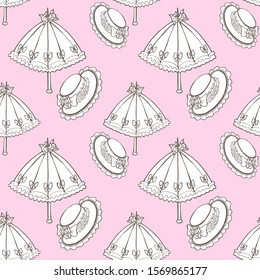 Illustration of vintage umbrella, hat. Seamless background fashionable modern wallpaper or textile