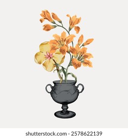 Illustration of a vintage vase with orange and yellow flowers. The vase holds vibrant orange flowers and a single yellow flower. Elegant floral design. Vintage flower illustration isolated, vector.