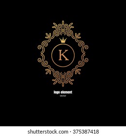 Illustration Vintage vector decorative frame with space for letters and crown. Designed to create logo, monogram, business printing products. The modern trend of mono line. Gold on black background.
