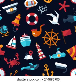 Illustration of vintage vector flat design modern nautical, marine pattern