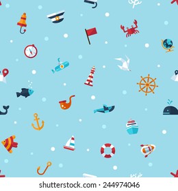 Illustration of vintage vector flat design modern nautical, marine pattern