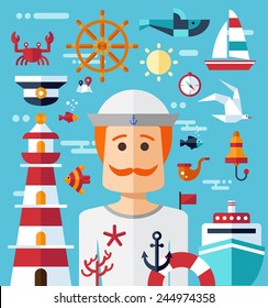 Illustration of vintage vector flat design modern nautical, marine composition