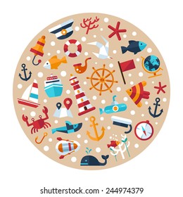 Illustration of vintage vector flat design modern nautical, marine composition