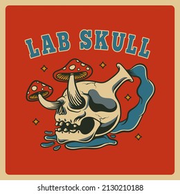 Illustration of vintage vector lab skull with mushrooms and blue liquid