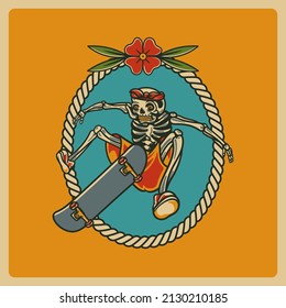 Illustration of vintage vector skateboarding skeleton with frame flowers