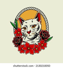 Illustration of vintage vector white cat with frames and flowers rose