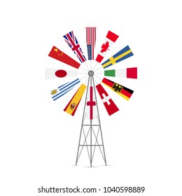 Illustration of a vintage windmill with flags from various countries.