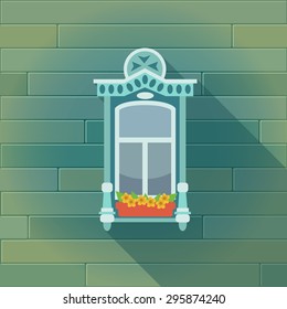 Illustration with a vintage window and the wooden wall