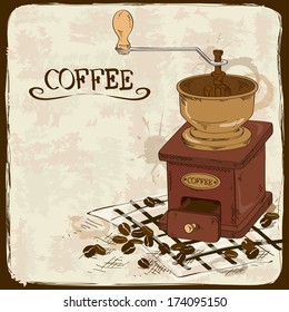 Illustration with vintage wood coffee grinder and beans