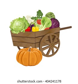 Illustration of a vintage wooden  barrow Filled With Freshly Picked Vegetables. Vector illustration EPS 10.