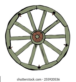 Illustration of Vintage Wooden Wheel Over White Background
