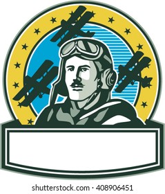 Illustration eines alten Weltkrieges einen Piloten-Pilot-Aviator mit Stachelbuste mit Spad-Biplane-Kampfflugzeugen und Sterne im Hintergrund gesetzt im Kreis nach Retro-Stil. 