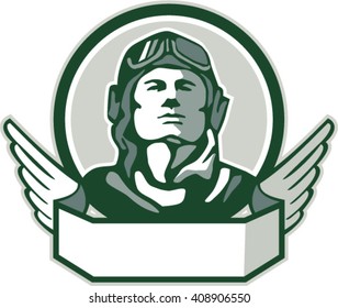 Illustration of a vintage world war one pilot airman aviator bust looking up viewed from front with winged scroll in front set inside circle done in retro style. 