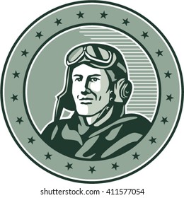 Illustration of a vintage world war one pilot airman aviator bust smiling set inside circle with stars done in retro style. 