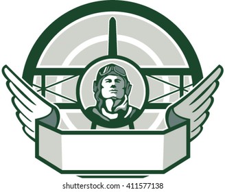 Illustration of a vintage world war one pilot airman aviator bust with spad biplane fighter plane front in background set inside circle done in retro style. 