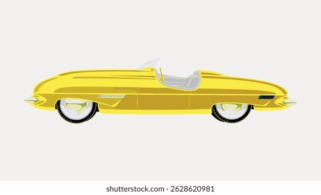 Illustration of a vintage yellow car with sleek design. The yellow car features a convertible top and classic whitewall tires. Retro yellow car style. Vintage art illustration vector.