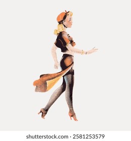 Illustration of a vintage-style woman in a dress and hat, walking confidently. Retro fashion, vintage elegance, and classic style in a single image. Vintage woman illustration isolated, vector.