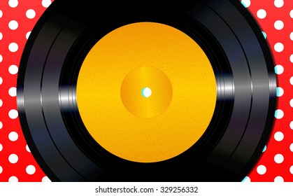 An illustration of a vinyl disc on a red polka dot background.