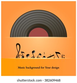 Illustration of vinyl record or compact disc and music notes - hand drawn style