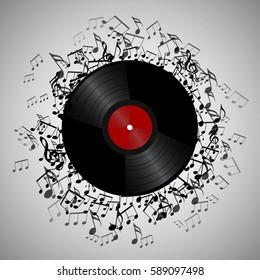 Illustration of vinyl record with music notes. Vector element for presentations, covers and your creativity