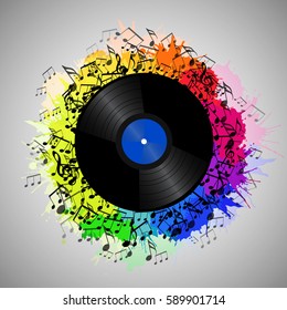 Illustration of vinyl record with music notes and rainbow watercolor splashes. Vector element for presentations, covers and your creativity