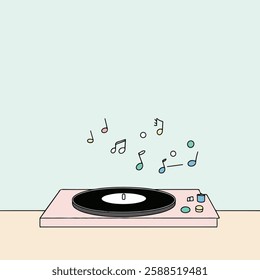 An illustration of a vinyl record player featuring a black turntable and colorful musical notes floating above it. 