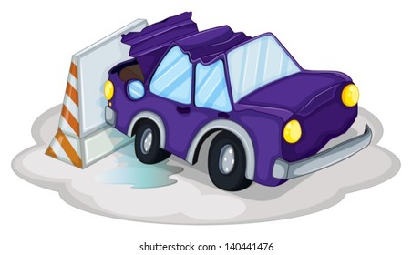 Illustration of a violet car bumping the traffic cone on a white background