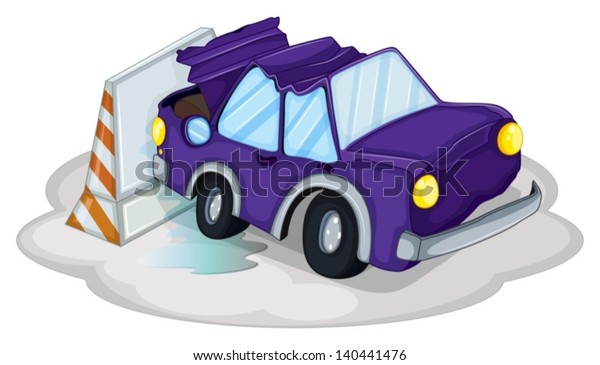 Illustration of a violet car bumping the\
traffic cone on a white\
background