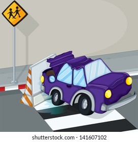 Illustration of a violet car having an accident at the road
