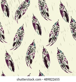 Illustration of  violet feathers. Vector of colorful feathers.Seamless pattern of colorful feathers.