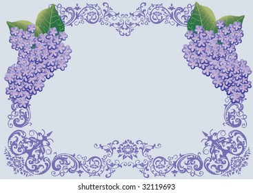 ilustración con marco de flores violeta sobre fondo azul