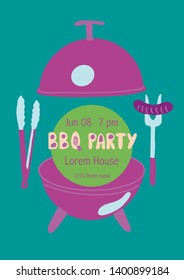 Illustration of violet grill, grilling tools and sausage. Summer barbecue party. Invitation, flyer or poster design template. - Vector