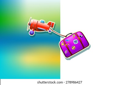 illustration of violet old suitcase and red airplane in flight stroked