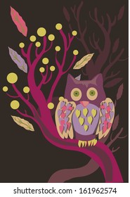 Illustration of violet owl and tree