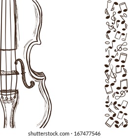 Illustration of violin or bass and music notes - hand drawn style