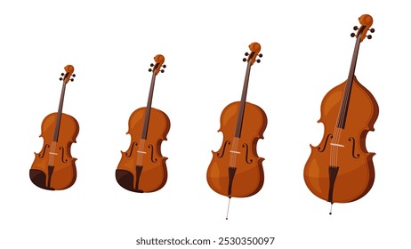 Uma ilustração de um violino, viola, violoncelo e contrabaixo alinhado