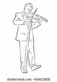 illustration of violinist. black and white drawing, white background