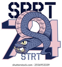 Illustration of a viper with fangs and a surfboard around its body armed with a shield and patches, sports numbers and texts about academies and sports. The sporty lifestyle.