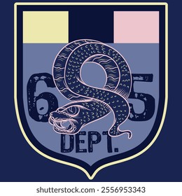 Illustration of a viper with fangs and a surfboard around its body armed with a shield and patches, sports numbers and texts about academies and sports. The sporty lifestyle.