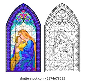 Illustration of the Virgin Mary and Child. Colorful and black and white drawing for coloring book. Gothic stained glass window. Medieval architectural style in Western Europe. Vector image.