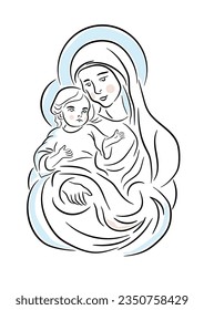 An illustration of Virgin Mary holding baby Jesus. The Birth of Christ. O Holy Night! Line Art Concept