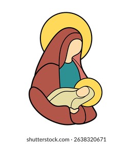 illustration of Virgin Mary holding baby Jesus in minimalist style. Suitable for Christian publications, nativity scenes, and holiday-themed designs.