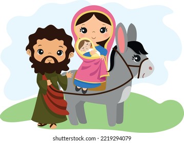 Illustration of virgin mary with saint joseph and jesus and little donkey, flight to egypt saint mary, holy family, baby illustration for children