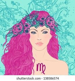 Illustration of virgo astrological sign as a beautiful girl. Vector art.