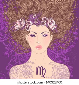 Illustration of Virgo astrological sign as a beautiful girl. Vector art.