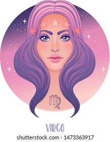 Illustration of Virgo astrological sign as a beautiful girl. Zodiac vector illustration isolated on white. Future telling, horoscope, alchemy, spirituality, occultism, fashion woman.
