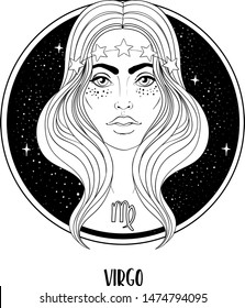 Illustration of Virgo astrological sign as a beautiful girl. Zodiac vector drawing isolated in black and white. Future telling, horoscope, alchemy, spirituality. Coloring book for adults.