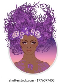 Illustration of Virgo astrological sign as a beautiful African American girl. Zodiac vector illustration isolated on white. Future telling, horoscope, alchemy, spirituality, fashion black woman.