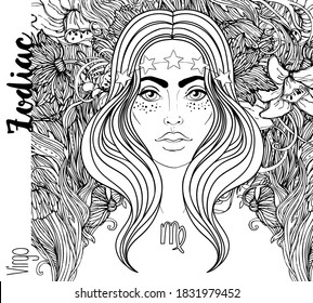 Illustration of Virgo astrological sign as a beautiful girl. Zodiac vector drawing isolated in black and white. Future telling, horoscope, alchemy, spirituality. Coloring book for adults.